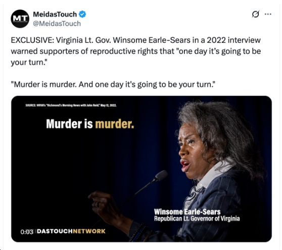Audio: Winsome Earle-Sears Talking About Reproductive Rights Supporters, Declares “Murder Is Murder. And One Day It’s Going to Be Your Turn”