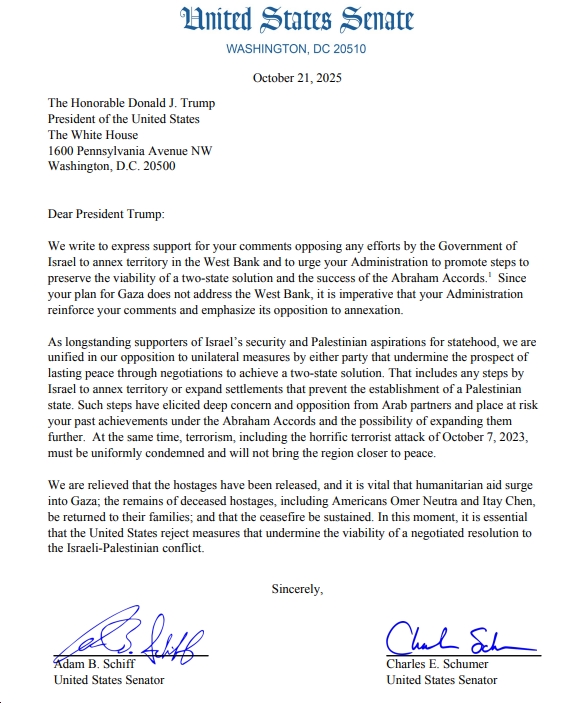 Senators Mark Warner, Tim Kaine, Colleagues Urge Trump Administration to Reinforce Opposition to West Bank Annexation