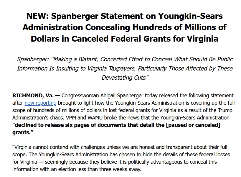 Spanberger on Youngkin-Sears Coverup: “Making a blatant, concerted effort to conceal what should be public information is insulting to Virginia taxpayers, particularly those affected by these devastating cuts.”