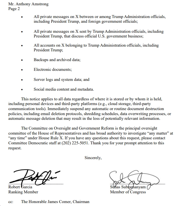 Rep. Suhas Subramanyam (D-VA10) and Ranking Member Robert Garcia Investigate Trump Administration’s Truth Social and X Private Messages and Records