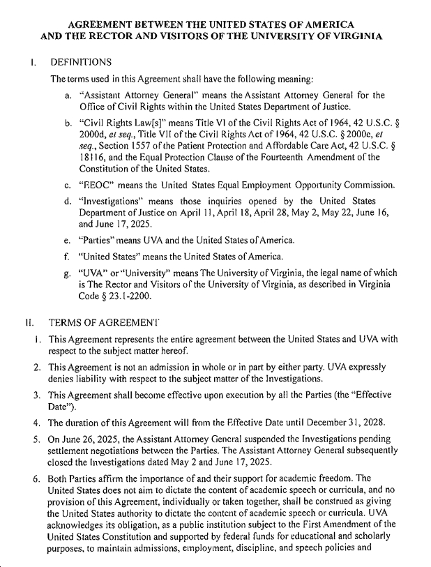 BREAKING: UVA Interim President Paul Mahoney Announces, “This afternoon, I signed an agreement with the federal government that suspends the five remaining Department of Justice investigations into the University.”