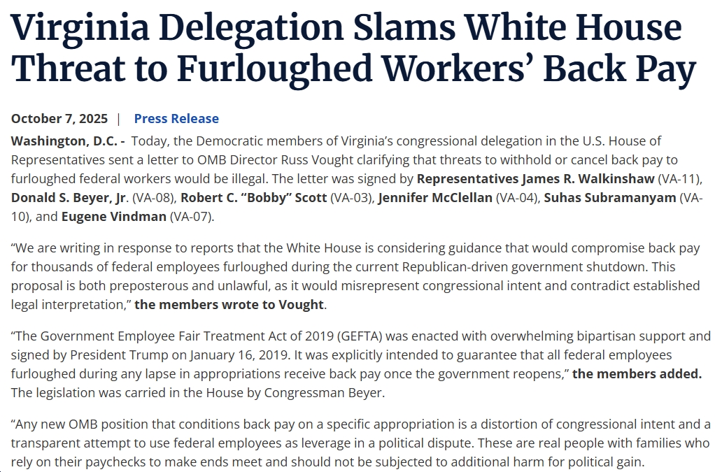 Virginia Delegation Democrats Slam White House Threat to Furloughed Workers’ Back Pay