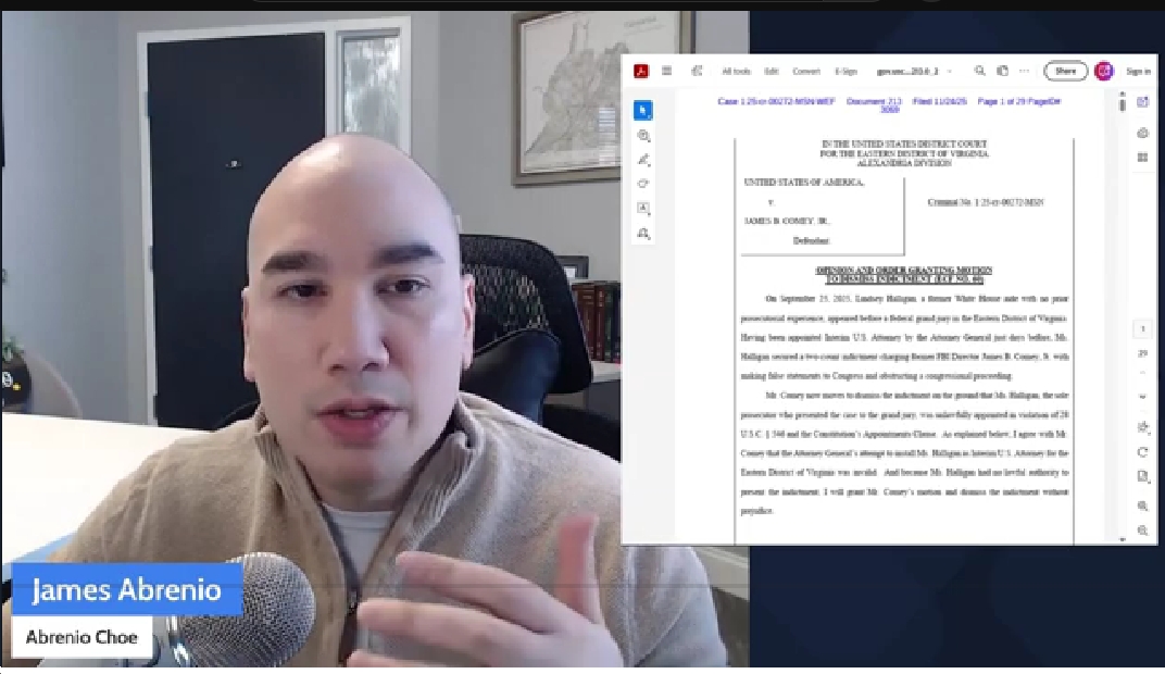 Fairfax-Based Attorney James Abrenio on Comey Indictment Being Unlawful: “It’s clear that this was a vindictive prosecution” at the Urging of Trump; Pam Bondi “went along with it”