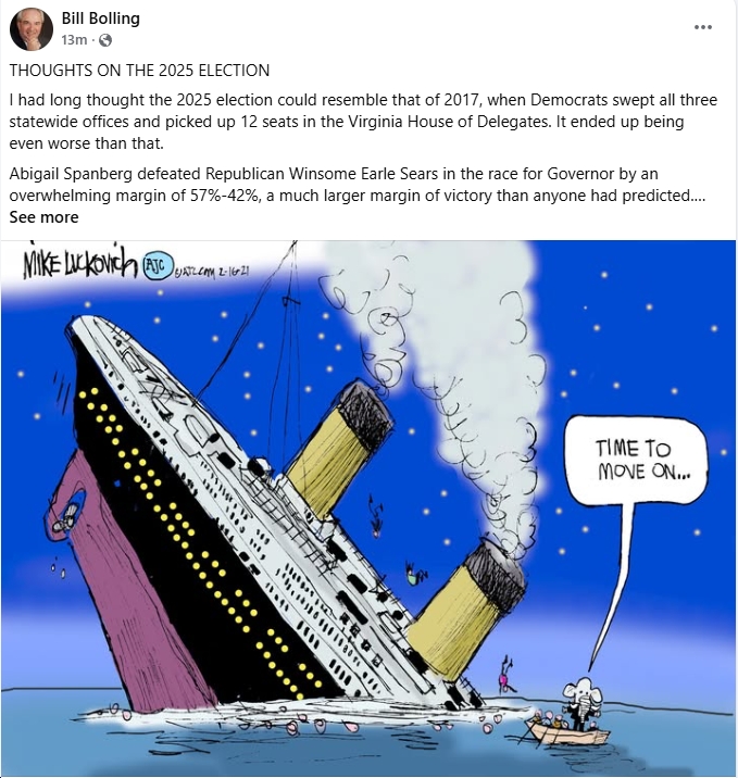 Former VA Lt. Gov. Bill Bolling (R/Trump Voter) Attributes Last Night’s Blue Tsunami/Republican Wipeout to “BAD ENVIRONMENT,” “BAD CANDIDATE,” “BAD CAMPAIGN.”