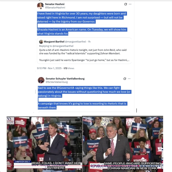 Video: At Rally in Purcellville, Glenn Youngkin and John Reid Cut Loose with Repulsive Xenophobia, Islamophobia, etc.; Claim “radical Islamists…are on the march”; Declare, “I don’t want [Hashmi] anywhere. I don’t even want her in the state!”