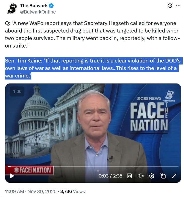 Video: Sen. Tim Kaine Says If Hegseth Issued a “Kill Everyone” Order, It “rises to the level of a war crime”