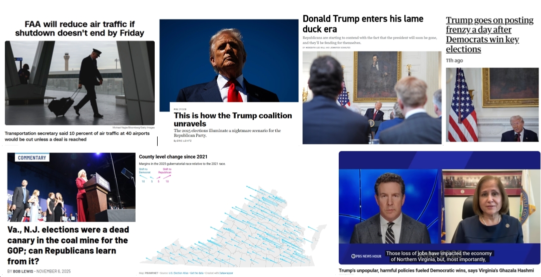 Thursday News: FAA May Have to Cut Flights; 2025 Elections “illuminate a nightmare scenario” for GOP; “Trump enters his lame duck era,” “goes on [unhinged] posting frenzy”; “Trump’s unpopular, harmful policies fueled Democratic wins, says Virginia’s Ghazala Hashmi”
