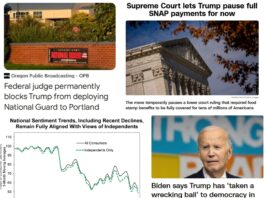 Saturday News: “US consumer sentiment drops to near record low as shutdown persists”; “Supreme Court lets Trump pause full SNAP payments for now”; “Federal judge permanently blocks Trump from deploying National Guard to Portland”; “Biden says Trump has ‘taken a wrecking ball’ to democracy”