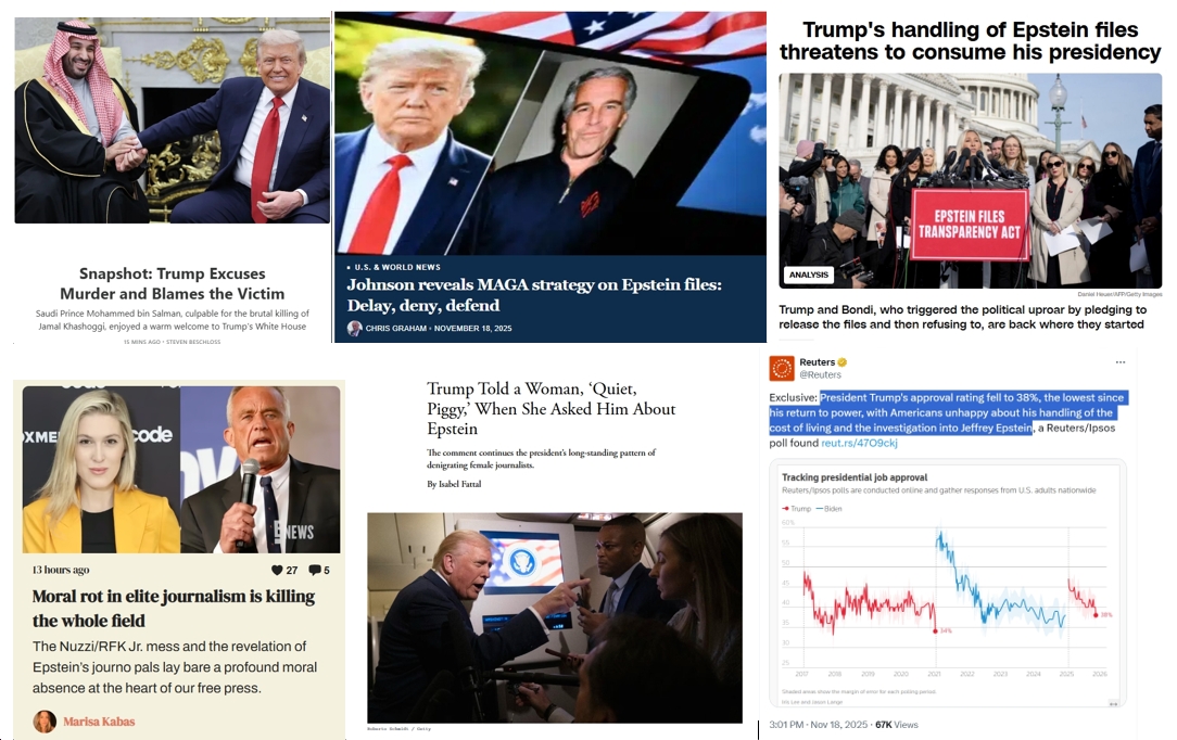Wednesday News: “Trump Excuses Murder and Blames the Victim”; “Johnson reveals MAGA strategy on Epstein files: Delay, deny, defend”; “Trump Told a Woman, ‘Quiet, Piggy,’ When She Asked Him About Epstein”; “Moral rot in elite journalism is killing the whole field”