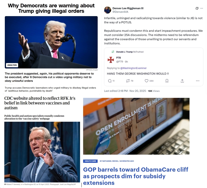 Friday News: “Unhinged” Trump “Endorses Hanging Democratic Members of Congress” (and Rs are Mostly Silent); “Why Democrats are warning about Trump giving illegal orders”; “The CDC’s Website Is Anti-Vaccine Now”; “GOP barrels toward ObamaCare cliff”