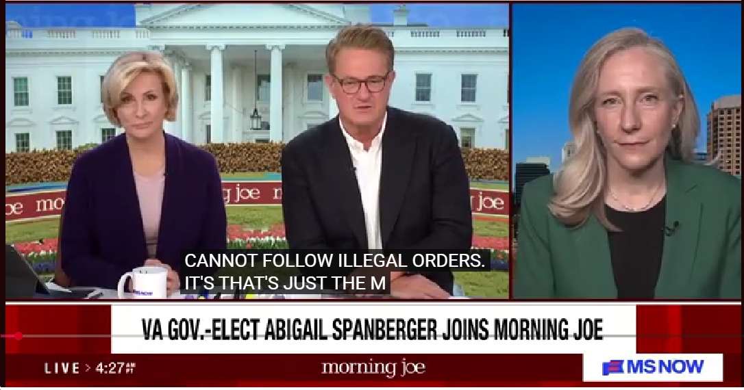 Video: On “Morning Joe,” Gov.-Elect Spanberger Slams Trump For Attacking “Patriots” in Congress Who Stated What Is “not just obvious, but legally true,” that “if given an illegal order, you have an obligation not to follow it”
