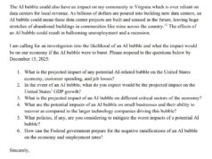 Rep. Suhas Subramanyam (D-VA10) Calls for “investigation into the likelihood of an AI bubble and what the impact would be on our economy if the AI bubble were to burst”