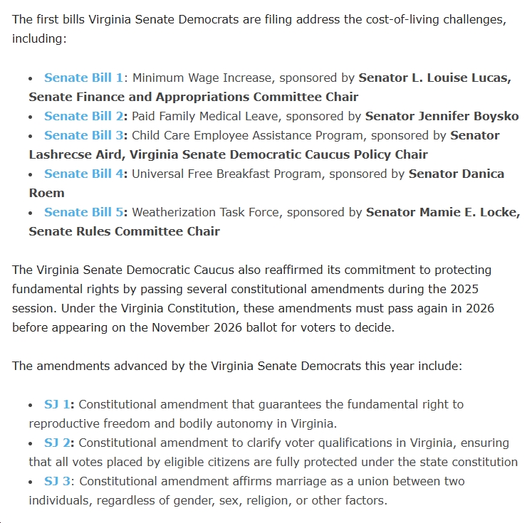 Virginia Senate Democratic Caucus Releases First Bills on Legislative Agenda Focused on Affordability