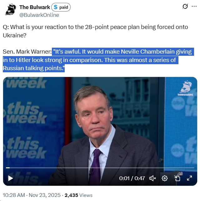 Video: Sen. Mark Warner Says Trump’s Ukraine-Russia Proposal Is “Awful,” “would make Neville Chamberlain’s giving in to Hitler…look strong in comparison”