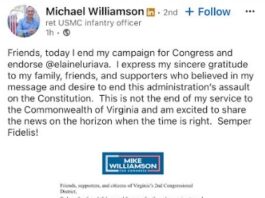 VA02 Democratic Candidate Mike Williamson Announces He’s Ending His Campaign, Endorses Fmr. Rep. Elaine Luria (D-VA02), Urges Other Candidates to “do what this moment demands—end your campaigns, stand down with purpose, and unite behind…Luria”