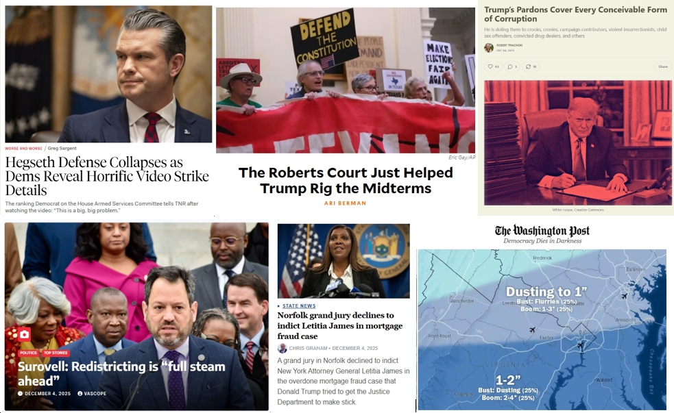 Friday News: “Hegseth Defense Collapses as Dems Reveal Horrific Video Strike Details”; “The Roberts Court Just Helped Trump Rig the Midterms” – “Full Steam Ahead” in VA; “Trump’s Pardons Cover Every Conceivable Form of Corruption”; “Norfolk grand jury declines to indict Letitia James in mortgage fraud case”
