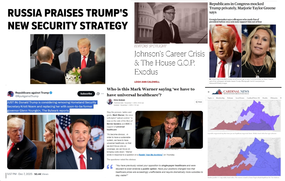 Monday News: “Russia praises US security strategy shift”; Trump Might Replace Noem with…Youngkin???; “House G.O.P. Exodus”; Warner’s Shift on Universal Health Care “registers on the Richter scale”; VA Dems “move toward a 10-1 map” as Rasoul Eyes Run