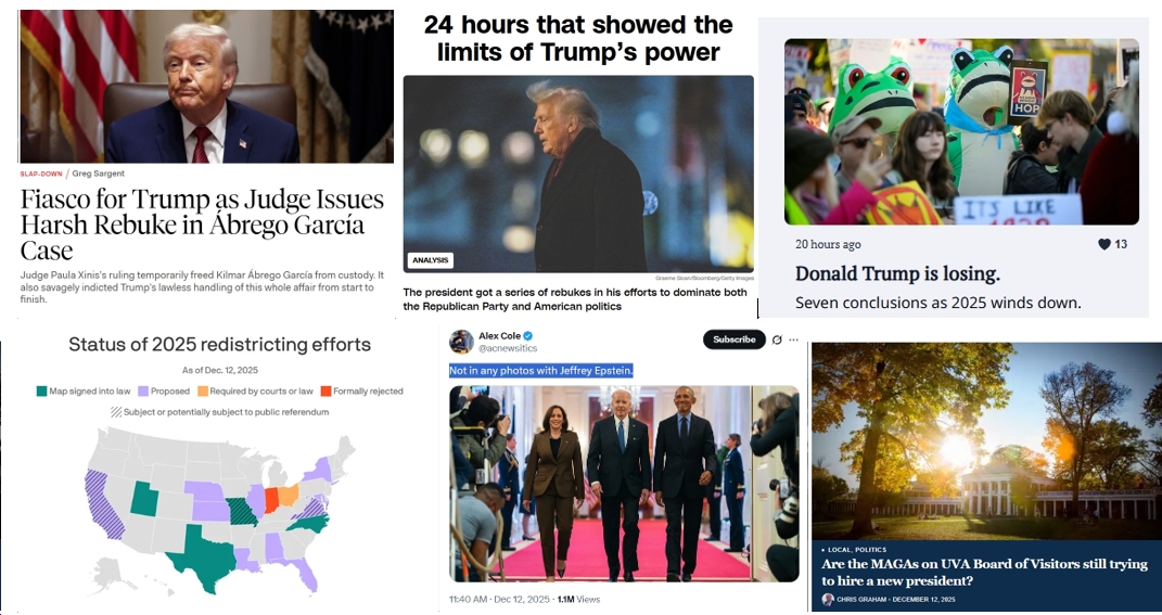 Saturday News: “24 hours that showed the limits of Trump’s power”; “Where states stand on redistricting after critical blow to Trump agenda”; “Not in any photos with Jeffrey Epstein”; “Are the MAGAs on UVA Board of Visitors still trying to hire a new president?”