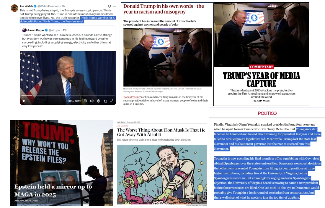 Monday News: Trump “working for & siding with Putin”; “Trump’s Year of Media Capture”; Trump’s “year in racism and misogyny”; “In 2025, Epstein showed MAGA who they really are”; “Youngkin’s star faded as he hemmed and hawed” (and lost badly) in 2025