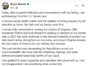 Sen. Mark Warner’s Leading Potential 2026 Republican Challenger, State Sen. Bryce Reeves, Announces He’s “withdrawing from the U.S. Senate race” Due To “a serious family health matter”