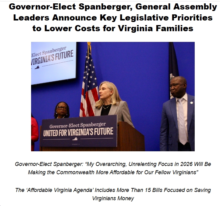 Governor-Elect Spanberger, General Assembly Leaders Announce Key Legislative Priorities to Lower Costs for Virginia Families