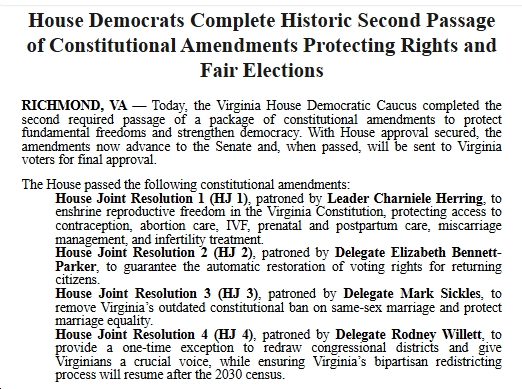 Video, Statement: VA House Democrats Complete Historic Second Passage of Constitutional Amendments Protecting Rights and Fair Elections