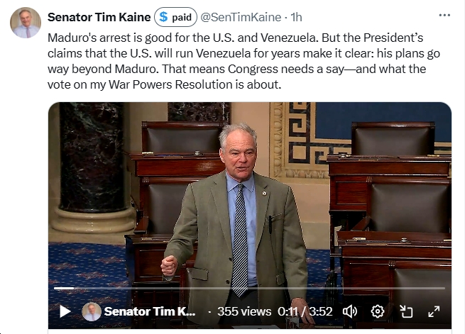 Video: Prior to US Senate Voting 52-47 to Pass His War Powers Resolution on Venezuela, Sen. Tim Kaine Says “this is obviously bigger than the initiation of an arrest warrant”