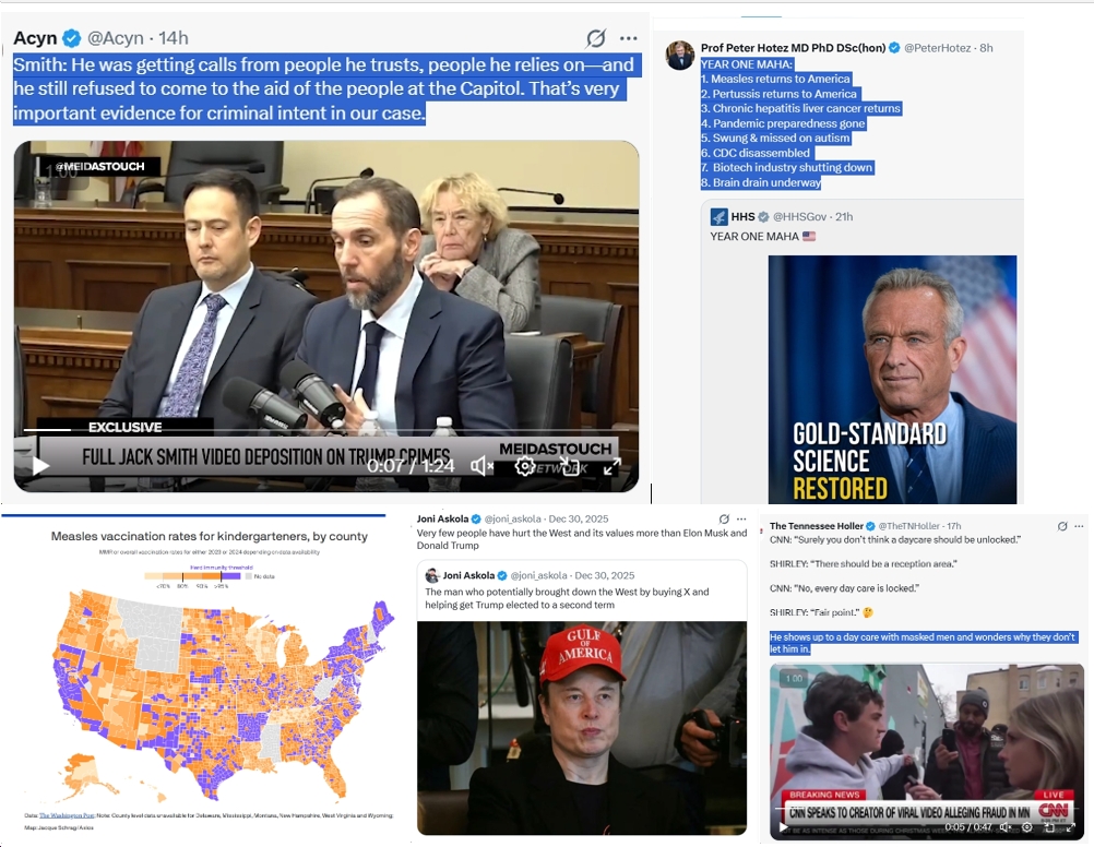 New Year’s Day 2026 News: Full Video of Jack Smith Testimony – “The attack that happened at the Capitol…does not happen without [Trump]”; Trump/RFK Jr Make Measles Great Again; Right-Wing YouTuber Nick Shirley Definitely Not a Real Journalist; Musk Did Enormous Damage in 2025