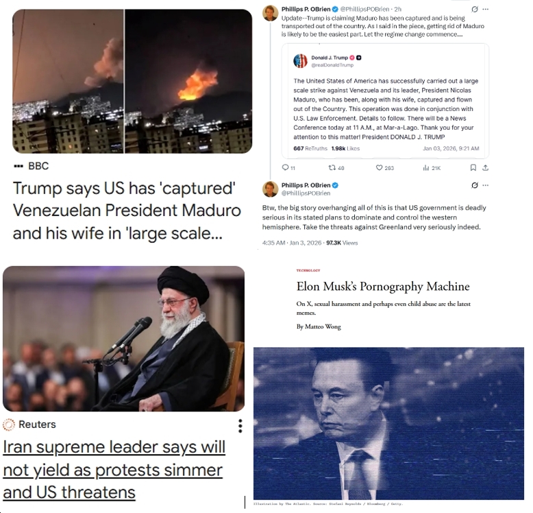 Saturday News: “US launches ‘large-scale strike’ on Venezuela and captures President Maduro, Trump says”; “Trump’s ‘Operation Iranian Freedom’”; “X” Is “Elon Musk’s Pornography Machine”; “How Grok’s sexual abuse hit a tipping point”