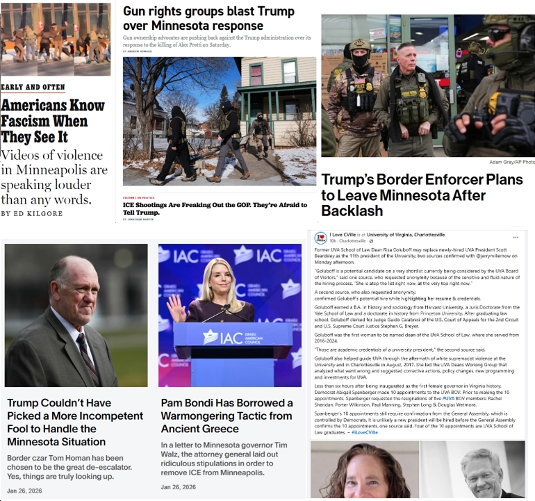Tuesday News: Trump to Replace Greg Bovino with “Incompetent Fool” Tom Homan; Pam Bondi’s Insane Letter to Tim Walz; “Americans Know Fascism When They See It”; “Gun rights groups blast Trump over [MN] response”; New UVA President Coming?