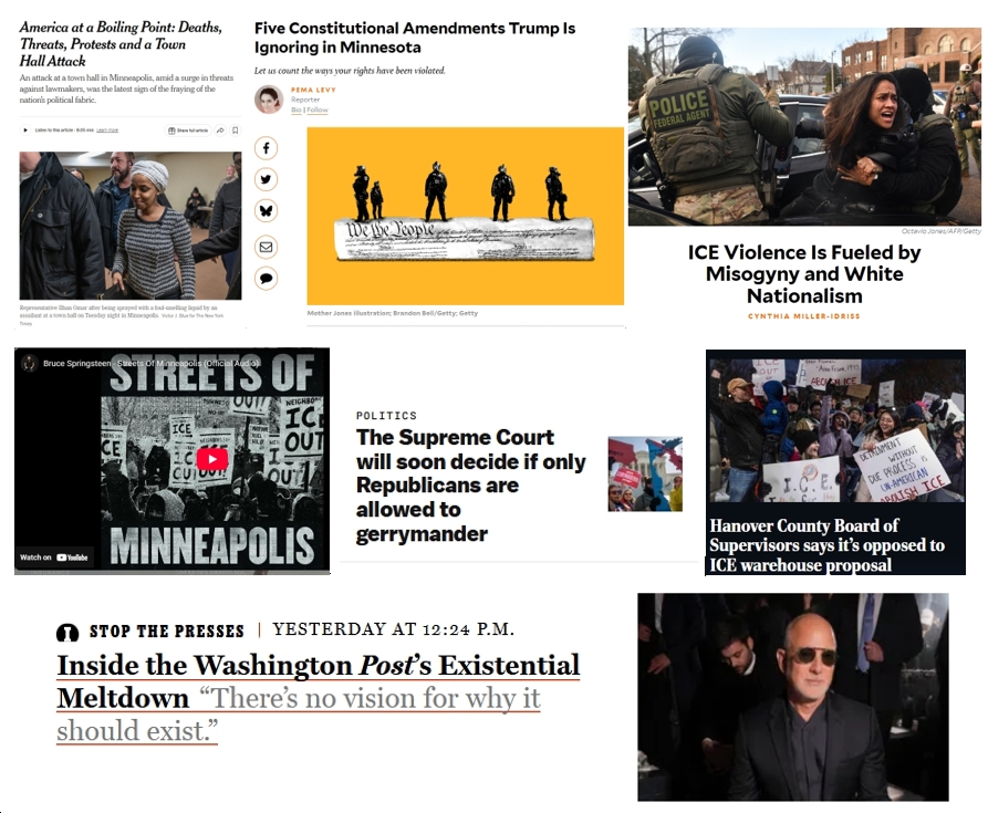 Thursday News: “America at a Boiling Point”; Springsteen Releases Powerful “Streets of Minneapolis”; SCOTUS “will soon decide if only Republicans are allowed to gerrymander”; Hanover County Opposes ICE Warehouse; The WaPo’s “Existential Meltdown”