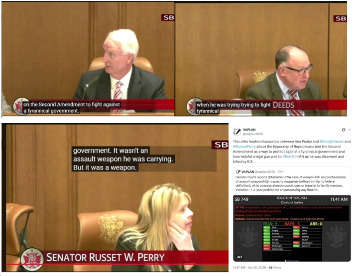 Video: Heated Debate in VA Senate Committee on Assault Weapons Ban Bill; “a man was killed in Minnesota with a firearm when he was trying to fight ‘tyrannical government'”