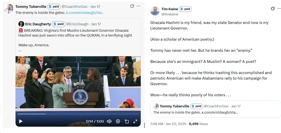 Sen. Tim Kaine: Tommy Tuberville “brands [Ghazala Hashmi] an ‘enemy.’ Because she’s an immigrant? A Muslim? A woman? A poet?”