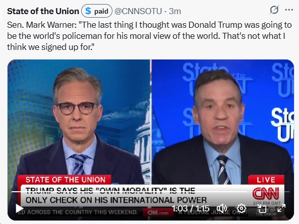 Video: Sen. Mark Warner Says the Idea of Trump “going to be the world’s policeman for his moral view of the world; that’s not what I think we signed up for”