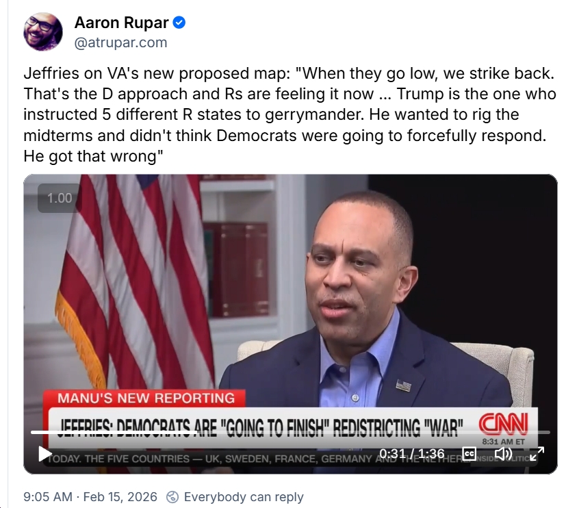 Video: House Dem Leader Hakeem Jeffries Says That VA Redistricting Referendum Lets Voters Decide, Shows “When they go low, we strike back”