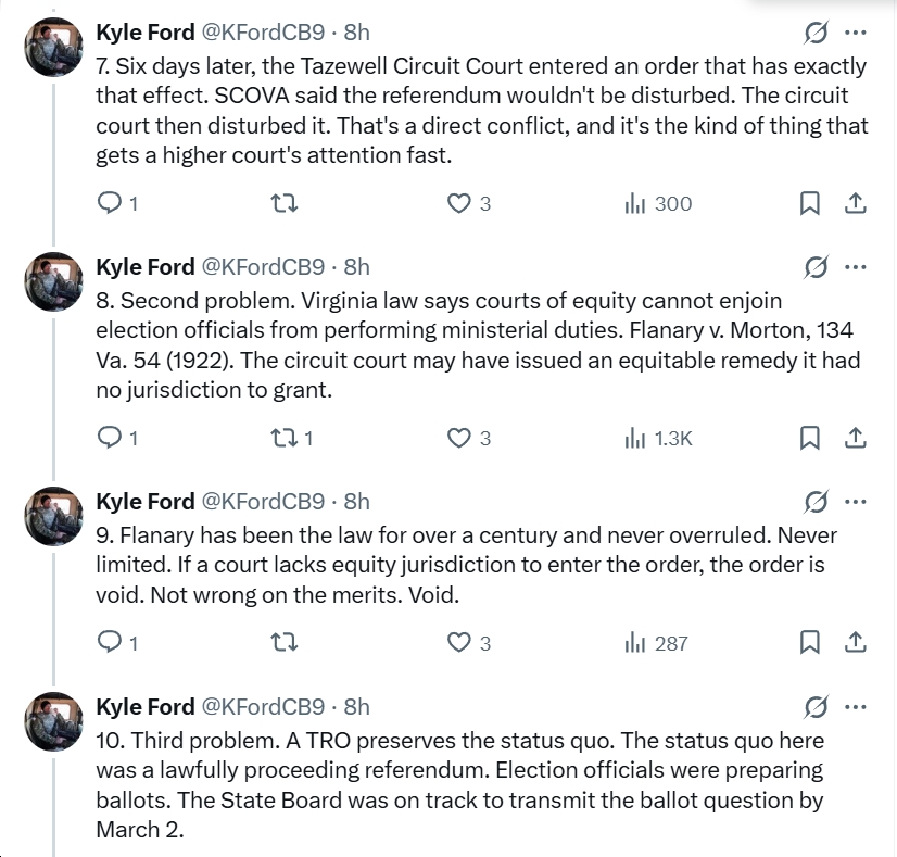 Kyle Ford on Yesterday’s Tazewell Court Virginia Redistricting Ruling: “If a court lacks equity jurisdiction to enter the order, the order is void. Not wrong on the merits. Void.”