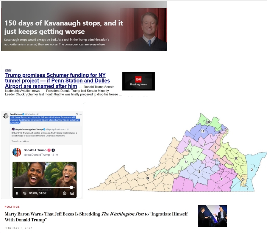 Friday News: “150 days of Kavanaugh stops, and it just keeps getting worse”; “Trump Posts Vile Video of Obamas in Manic Late-Night Rampage”; Trump Wanted Dulles Airport and Penn Station Named After Him; New 10D-1R (or not?) U.S. House Map for Virginia Released