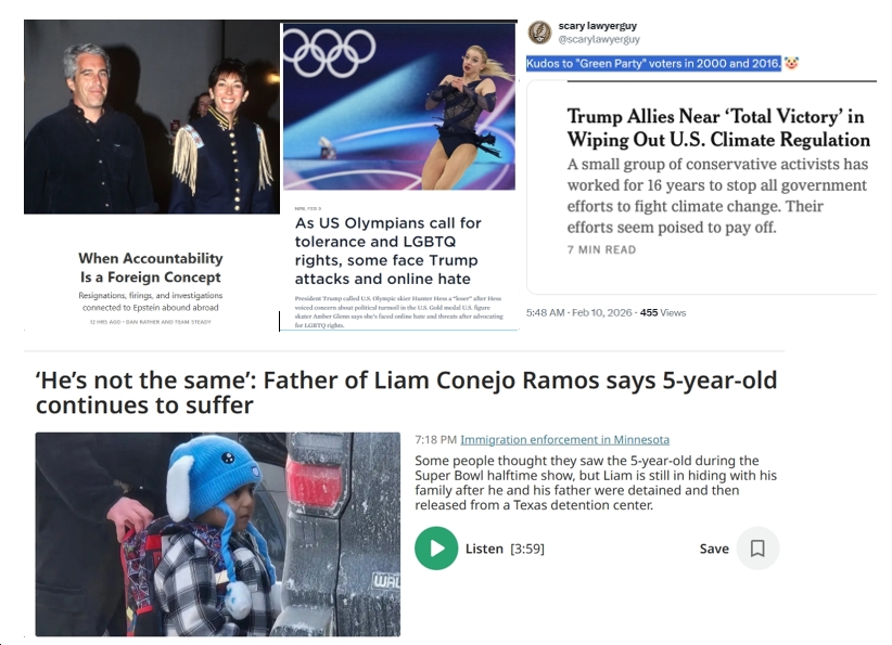 Tuesday News: “As US Olympians call for tolerance and LGBTQ rights, some face Trump attacks and online hate”; With Epstein, “Accountability Is a Foreign Concept”; “Trump Allies Near ‘Total Victory’ in Wiping Out U.S. Climate Regulation”; “‘He’s not the same’: Father of Liam Conejo Ramos says 5-year-old continues to suffer”