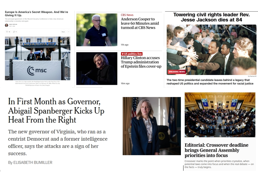 Tuesday News: “Hillary Clinton accuses Trump administration of Epstein files ‘cover-up'”; R.I.P. Jesse Jackson Jr.; “Anderson Cooper to leave 60 Minutes amid turmoil at CBS News”; Spanberger “says [right-wing] attacks are a sign of her success”; VA General Assembly “Crossover” Day