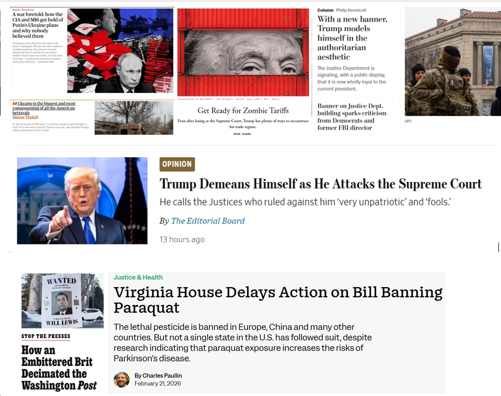 Saturday News: “Ukraine is the biggest and most consequential of all the American betrayals”; “Get Ready for Zombie Tariffs”; Murdoch’s WSJ – “Trump Demeans Himself as He Attacks the Supreme Court”; “Virginia House Delays Action on Bill Banning [Lethal Pesticide] Paraquat”