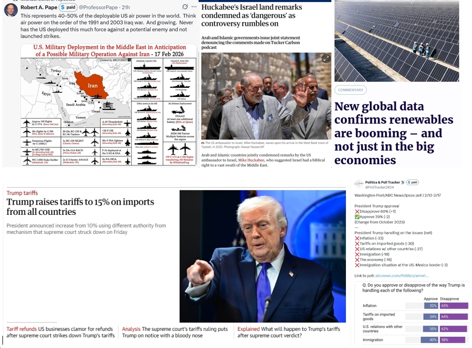 Sunday News: “Renewables Are Booming” Worldwide; Trump Deploys Nearly 1/2 of U.S. Air Power Near Iran; Huckabee’s Batsh** Comments Stir Backlash; “Trump raises tariffs to 15% on imports from all countries”; 60% Disapprove of Trump Ahead of SOTU Address