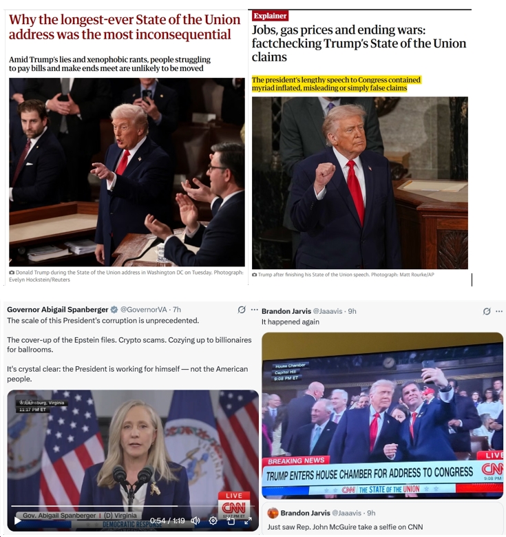 Wednesday News: Trump’s “Excruciatingly Tedious, Lie-Packed Mess” of a SOTU Was Filled with “lies and xenophobic rants,” myriad inflated, misleading or simply false claims”; Spanberger Rips the You-Know-What out of Trump, Says He’s Not “working for you”