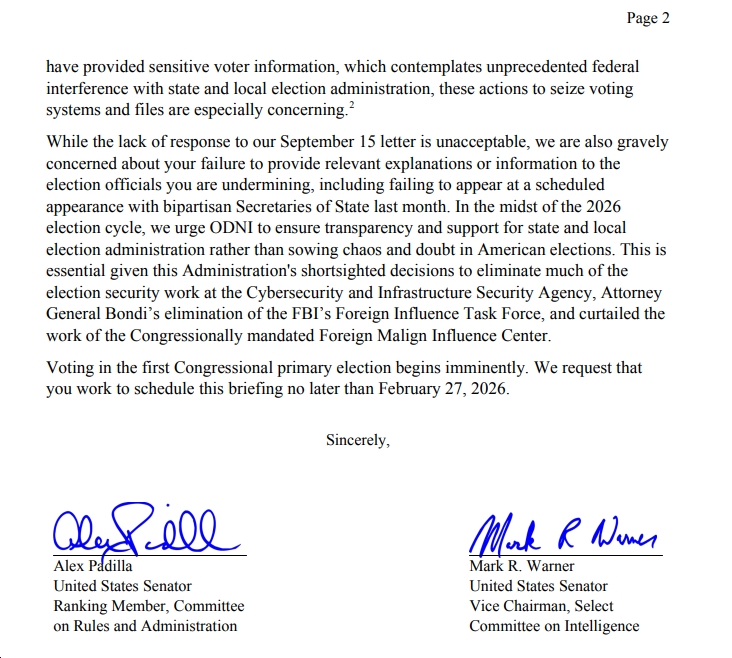 Senators Mark Warner, Alex Padilla Demand Tulsi Gabbard, Intel Officials Brief Senate on Election Security After Fulton County Raid