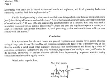 Virginia AG Jay Jones Issues Opinion: “electoral boards and general registrars are required under Virginia law to provide for in-person absentee voting beginning 45 days prior to Election Day”