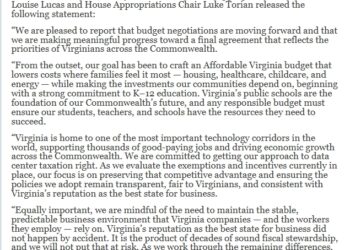 VA Senate Finance and House Appropriations Chairs Joint Statement on Progress Towards Budget Agreement