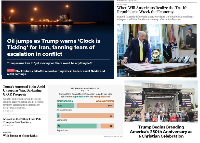 Monday (5/18) News: “Oil jumps as Trump warns ‘Clock is Ticking’ for Iran, fanning fears of escalation in conflict”; “When Will Americans Realize the Truth? Republicans Wreck the Economy.”