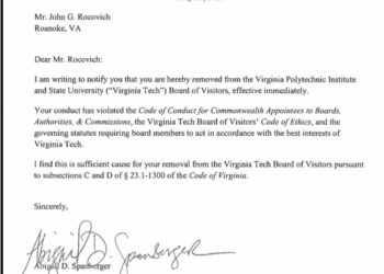 Gov. Spanberger Removes VA Tech Rector John Rocovich, “Effective Immediately,” Citing Violations of Code of Ethics, “governing statutes” etc.