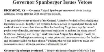 Gov. Spanberger Issues Vetoes: Class Action Lawsuits, Retail Marketplace for Cannabis Products, Prescription Drug Affordability, etc.