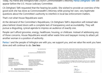 Today, Arlington Commonwealth’s Attorney Parisa Dehghani-Tafti Is Being Compelled to Appear in a Closed-Door/Secret/Sham Hearing Run by the Horrendous “Gym” Jordan