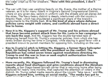 NY Times Article Spotlights How Rep. Jen Kiggans (R-VA02)’s Support for The Iran War Will Cost Her in November